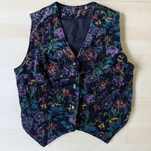 Unbranded Velvet Vintage 90's Blue Yellow Green Floral Patterned‎ Vest Button